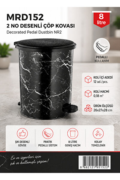 m mienca Siyah Mermer Desenli Pedallı Çöp Kovası 8 Litre, Modern Banyo Tuvale...