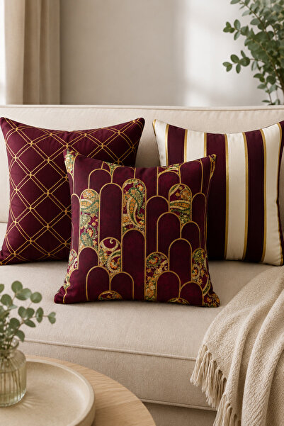 Elay Tekstil 3'lü Kombin Kırlent Kılıfı Seti - Bordo Gold Art Deco Desenli Di...