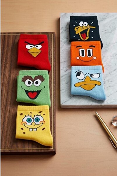 Esinti 6 Çift Kadın Erkek Pamuklu Renkli Desenli Kolej Çorap Unisex Çorap Seti