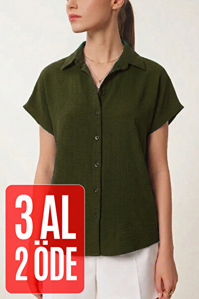 TRENDBUTİKOFFİCİAL Shirt Collar Aerobin Textured Loose Summer Shirt - Emerald...