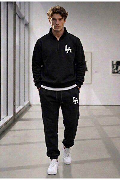NO 601 Men's Black Half-Zip High-Neck Sweat Black La Printed Tracksuit Set