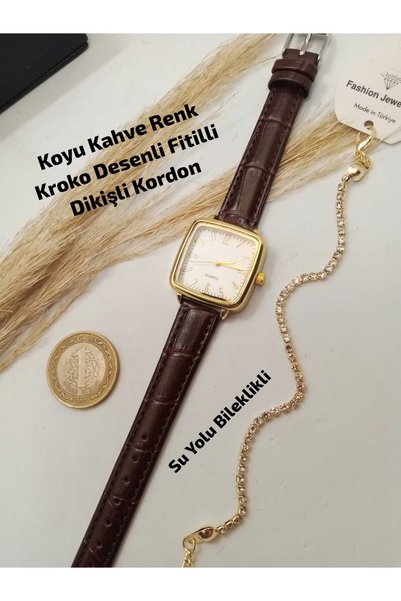 Brality Minimal Vintage Retro Kadın Kol Saati Koyu Kahve RENK Kordon, Gold RE...
