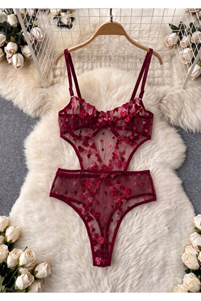 FNC design Kalp Nakışlı Balenli Tül Brode Bodysuit
