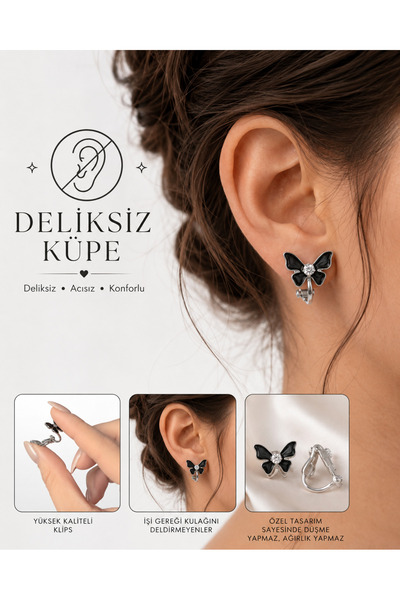 1PARÇAMAVİ 1 çift Zirkon taşlı GÜMÜŞ siyah kelebek klipsli sıkıştırma küpe
