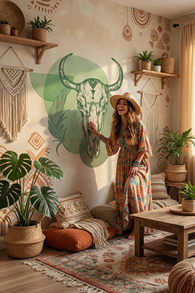 Kt Grup Boho Sanatsal Bufalo Çizimi Modern Duvar Sticker