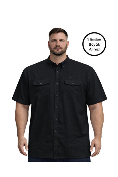 BattalModa Erkek Büyük Beden Siyah Çift Cepli Kısa Kollu Gömlek 3XL-4XL-5XL-6...