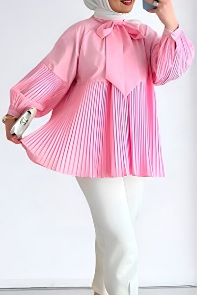 Modamorfo Yakası Bağcıklı Kolları Ve Eteği Pliseli Tunik -pembe