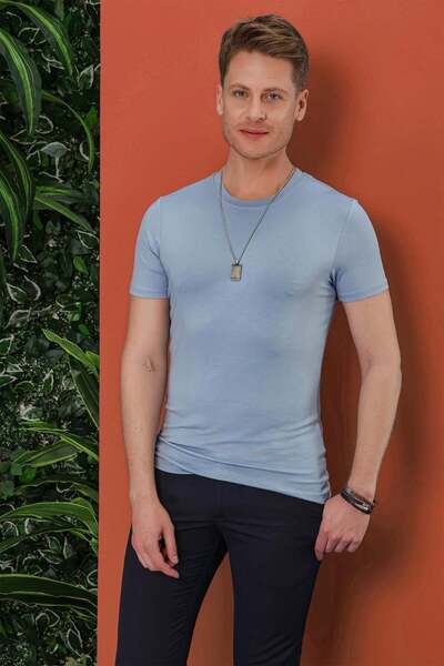 Efor Slim Fit Bisiklet Yaka Esnek Pamuklu Mavi Tişört TS 847