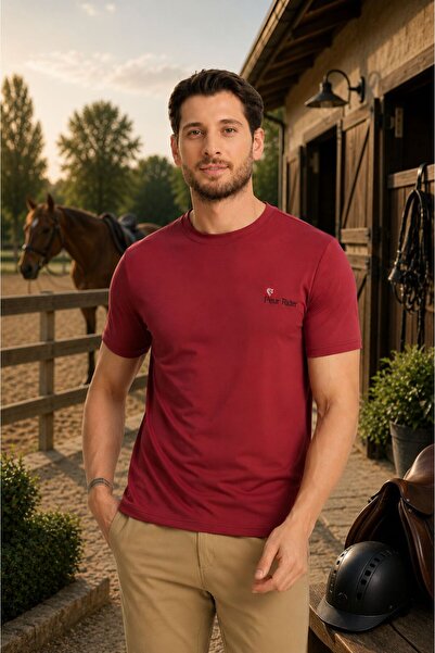 PEUR RIDER SHOP تي شيرت رجالي بأكمام قصيرة باللون العنابي