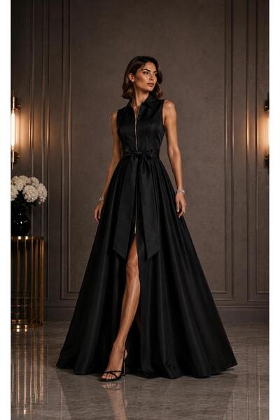 SERAVENZA COUTURE Maxi Boy Fermuar Kapamalı Seyyar Kuşaklı Şık Davet Elbisesi...