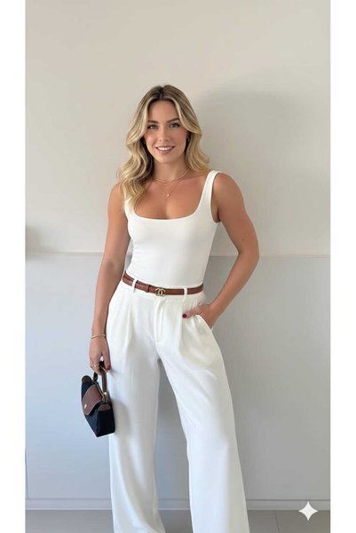 H&A İSTANBUL women's white pocketed pleated high-waist woven palazzo pants