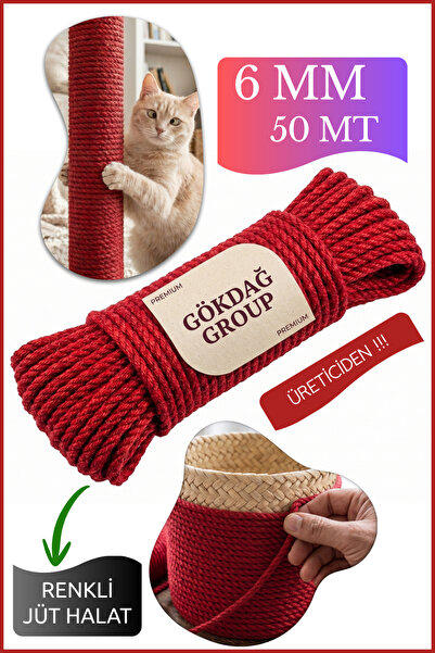 GÖKDAĞ GROUP RENKLİ - 6 MM 50 Metre Koyu Kırmızı Jüt Halat İthal Dekor İp