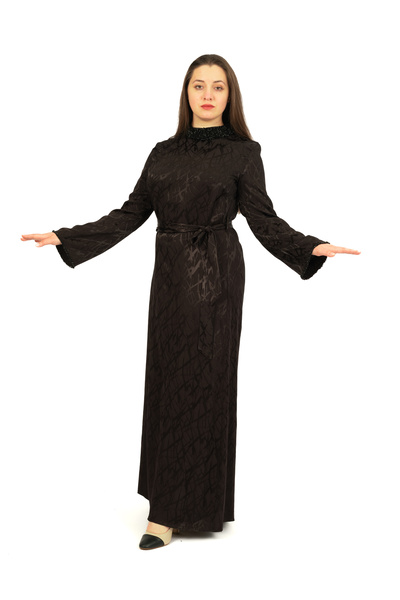 derin store Gümüş ışıltılı manşet, yaka detaylı jakarlı elbise
