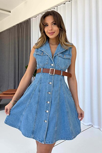 Mine Tan Butik Rochie de damă din denim cu detaliu curea și croială Kiloş - A...