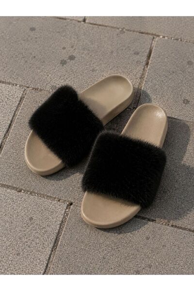 luvo shoes Kadın Kürklü Terlik siyah/bej Renk Taban Ortopedik Günlük Terlik