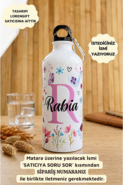 Loren Kişiye Özel İsimli Kancalı Alüminyum Suluk Matara Çiçek Fısıltısı 650 ml