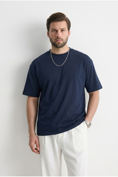 Madmext Ανδρικό μπλουζάκι Navy Blue Oversize Fit Basic 6066
