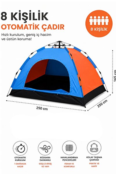 Realx Tam Otomatik Kurulum 8 Kişilik Kamp Çadırı 250 X 250 X 160 Cm