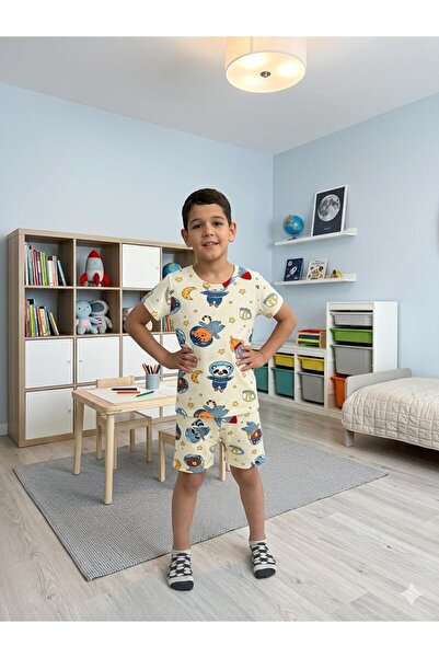 elmas kids Set de pijamale cu mânecă scurtă pentru băiat, 100% bumbac, ecru, ...