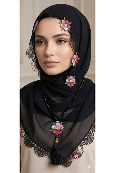 NUMİSTORE İğne oyası siyah renk Tesbihli Namaz Örtüsü