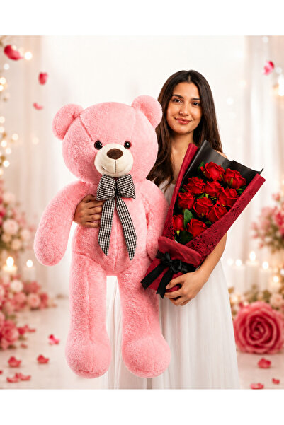 lenostra Sevgiliye Romantik Hediye 90cm Pembe Ayıcık Ve Kadife Gül Buketi - C...