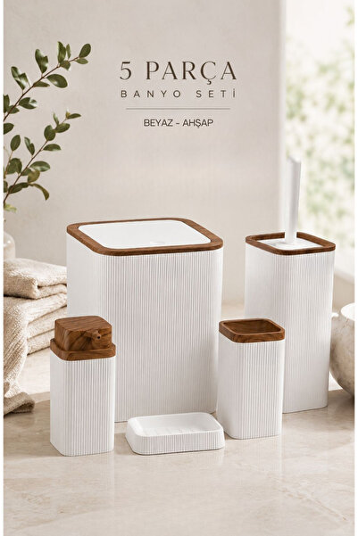 Store Set de baie HGY Home din lemn, cu detalii, în culoarea alb murdar, cu d...