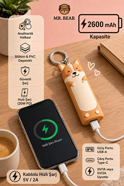 MR.BEAR Corgi Figürlü Taşınabilir Powerbank ve Anahtarlık 2600mAh