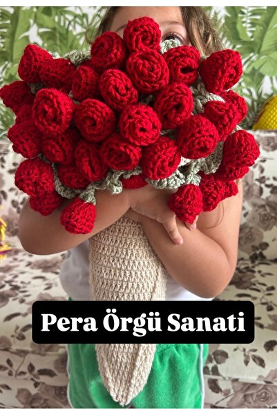 PERA ÖRGÜ SANATI El Örgüsü Buket Şal Battaniye 110 Cm 40 adet güllü Çiçekli B...