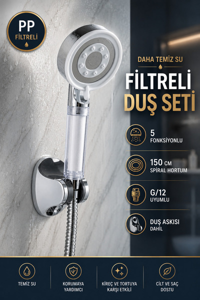 Plodna House Filtreli Beyaz Çelik 5 Fonksiyonlu Duş Başlığı Seti – 150 cm Çel...