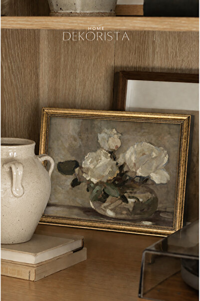 HOME DEKORİSTA Vintage Beyaz Çiçek Tablo – Gold Varak ÇERÇEVELİ, CAMSIZ Klasi...