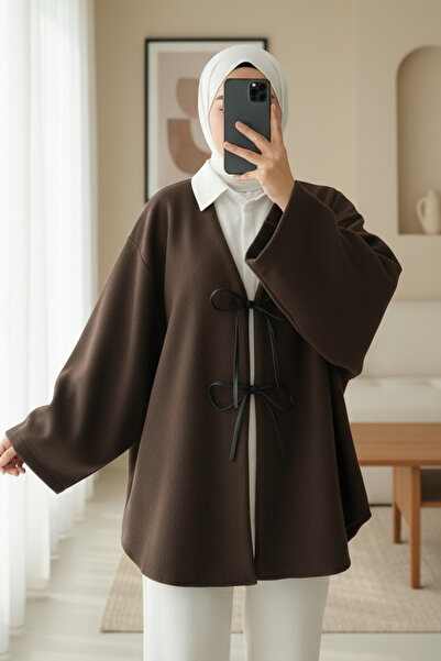 Modamorfo Lace-Up Front Oval Cut Kaşe Kimono - Brown