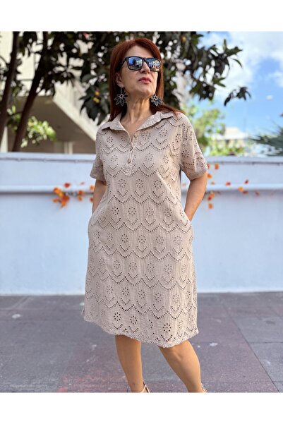 DenizEge brodat Rochie Midi Bej