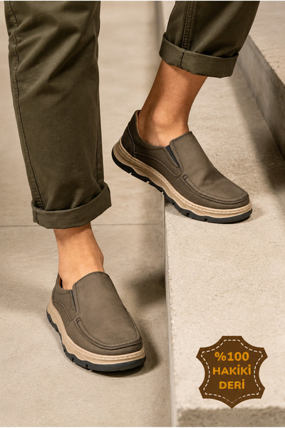 viderri Erkek Nubuk Haki Renk İç Dış %100 Hakiki Deri Slip On Ortopedik Eva H...