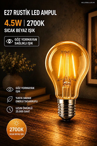 nelerbulurum 1 ADET E27 500 Lümen 4.5W AMBER RUSTİK AMPUL AVİZE APLİK MASA LA...