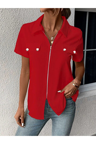 Butik Women's Short Sleeve Jacket Collar Front Zipper Pocket Detail Short Sle...