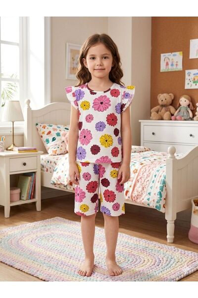 tusem butik homewear Κοριτσίστικο Βαμβακερό Λευκό Ροζ Μωβ Φλοράλ Σετ Πιτζάμες...