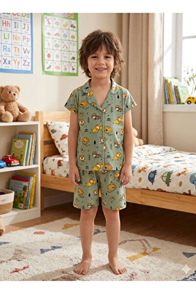 elmas kids Set de pijamale pentru băieți, 100% bumbac, cu imprimeu cu leu ver...