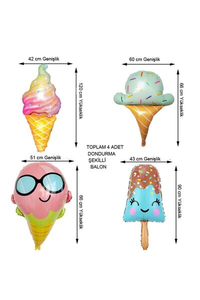 partidolu Ice Cream Dondurma Şeklinde Folyo Balon Farklı Modellerde 4 Adet Hawa