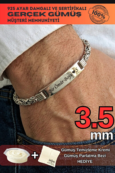 OSMANLI GÜMÜŞ Erkek Gümüş Bileklik - İsim Yazı Yazılabilen 3.5 mm Orta Kalınl...