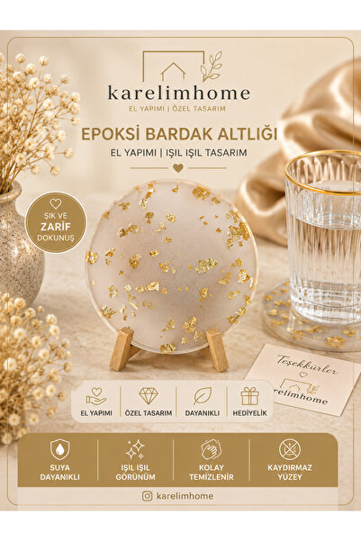 karelim home Bardak Altlığı Epoksi Altın Varaklı 10 × 10