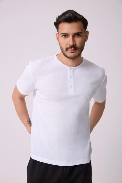 defys Erkek Henley Yaka %100 Pamuklu Dokulu Kumaştan Kısa Kollu Günlük Basic ...