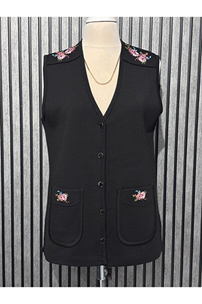 Özenli Triko Steel Mesh 5-Button Shoulder Embroidered Mother's Vest Black