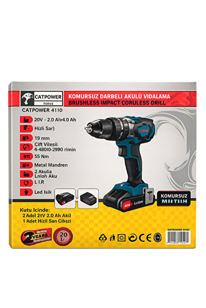 Cat power 4110 20V 2 Ah Li ion Çift Akülü Kömürsüz Darbeli Vidalama Akdeniz Ph2 25mm Vidalama Ucu ...