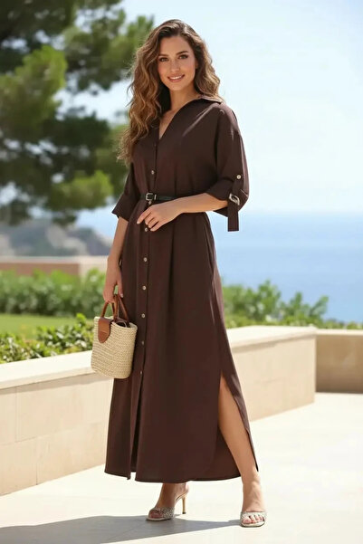 ABBRA Women's Belted Slit Shirt Dress