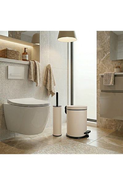 GörSeç 3 Litre Bej 2'li Banyo Seti Pedallı Çöp Kovası Wc Klozet Tuvalet Fırça...