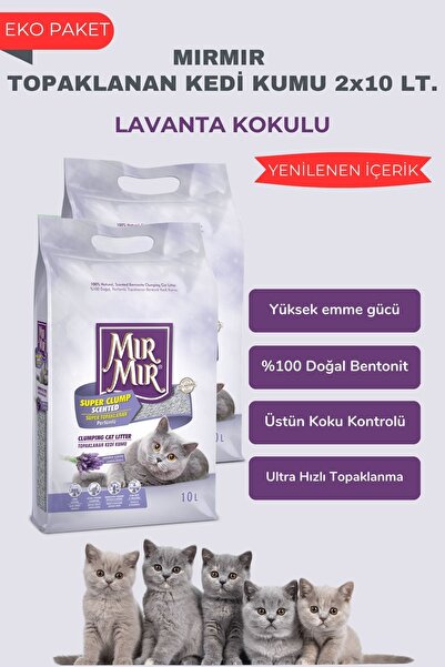 MIRMIR Lavanta Kokulu Topaklanan Kedi Kumu 2 x 10 Lt, Yüksek Emici, Tozsuz, K...