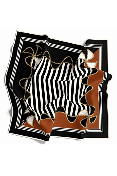VİOLLA Kristal Geometrik Desenli Taba - Siyah Renkli 90x90 Eşarp (İpek İçerme...