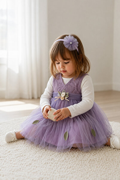 Minilora Kız Bebek Tüllü Elbise Takımı 4 Parça Set (Elbise + Body + Taç + Aya...