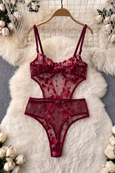 FNC design Kadın Bordo Kalp Nakışlı Balenli Tül Brode Bodysuit