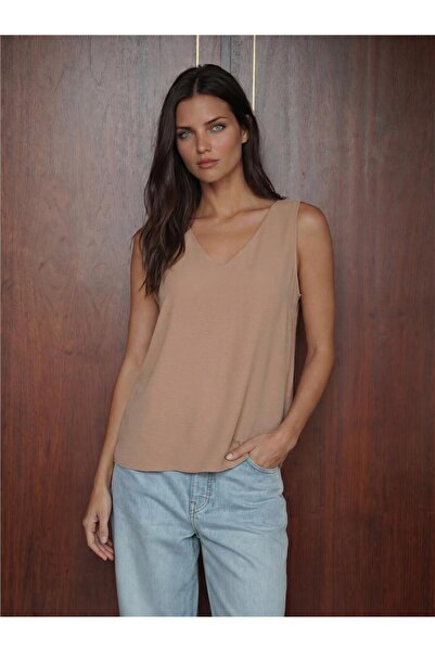 WeShaya Biscuit Stretch Fabric V-Neck Zero Sleeve Straight Cut Comfortable Fi...